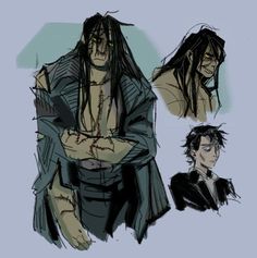 three different poses of a man with long hair and dreadlocks on his head