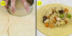 two pictures showing the process of making tortilla shells with vegetables and meats