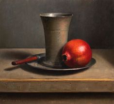 a painting of an apple and a metal cup on a plate next to a knife