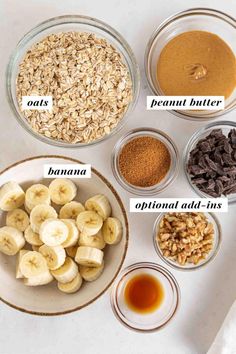 the ingredients to make peanut butter oatmeal are shown in bowls on a white surface