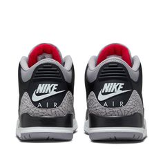 "Find JORDAN 3 Retro Sneaker on Editorialist. Air Jordan continues its journey into the archives with the fabled Air Jordan 3 \"Black Cement\" retro—a new release to redefine an icon. Returning in all its original ‘88 glory, this pair is crafted from black tumbled leather with striking hits of “Fire Red” and cracked elephant print overlays. Grounded by an Air technology sole and finished with an signature Nike logo at the rear, expect this eagerly-anticipated, truly-legendary pair to be gone in Jordan 3 Black Cement, Jordan 3 Black, Jordan 3s, Jordan 3 Retro, Black Cement, Air Jordan 3 Retro, Air Jordan 3, Retro Sneakers, Elephant Print