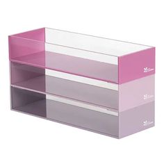 a pink and white shelf with two shelves on each side, one is open to show the