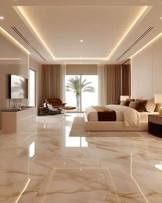 an elegant bedroom with marble floors and white walls