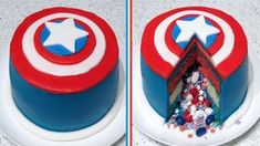 the cake is decorated with captain america's shield and stars on it, as well as confetti