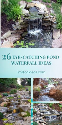 the front cover of a book with pictures of water features in it and text that reads 20 eye - catching pond waterfall ideas