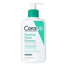 CeraVe Foaming Facial Cleanser for Normal to Oily Skin has a unique formula with three essential ceramides (1, 3, 6-II) that cleanses and removes oil without disrupting the protective skin barrier. The gentle foaming action refreshes and cleanses skin, including removing excess oils. CeraVe Foaming Facial Cleanser is formulated with hyaluronic acid to help retain skin's natural moisture and niacinamide to help calm skin. Cerave Foaming Facial Cleanser For Normal To Oily Skin, What Is The Best Facial Cleanser, Cerave Facial Cleanser, Cerave Cleanser Oily Skin, Cerave Oil Cleanser, Cera Ve Foaming Cleanser, Esthetician Tips, Cerave Foaming Cleanser, Shameless Dr