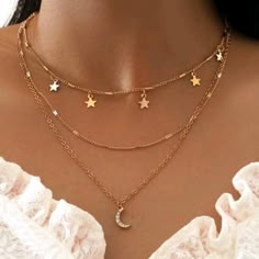 Gold-Tone One Piece Triple Layered Necklace Stars On Shortest Layer, Rhinestone Cresent Moon On Longest Layer Secured By Lobster Clasp Triple Gold Necklace, Necklace Stacks, Room Interior Ideas, Deco Nails, Triple Layer Necklace, Aesthetic Jewellery, Look Rich, Art Deco Nails, Cute Necklaces