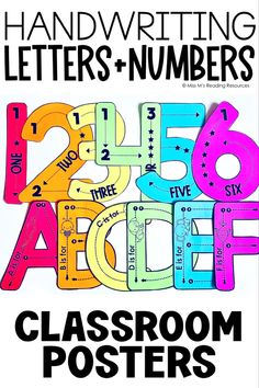 hand writing letters and numbers poster with the words classroom posters written in different font styles