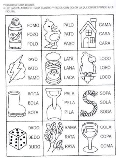 an image of spanish words and pictures for children to color on the back of a book