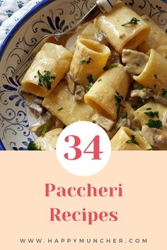 pasta with mushrooms and parsley in a white bowl on a blue and white tablecloth