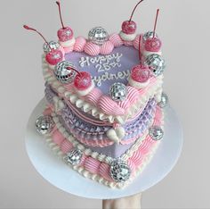 Small heart shaped vintage birthday cake with pink and purple frosting and disco ball decorations Lambeth Cake, 25th Birthday Cakes, Vintage Birthday Cakes, Pastel Cakes, Heart Cakes, Heart Shaped Cakes, Cartoon Cake, Cowgirl Birthday