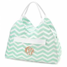 Beach Bag - Mint Chevron Monogram Beach Bag, Accessories For Summer, Personalized Beach Bags, Summer Brown, Large Beach Bags, Summer Orange, Green Chevron, Marley Lilly, Pool Bags