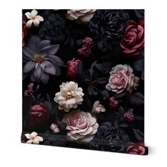 a black and pink floral wallpaper with flowers on it