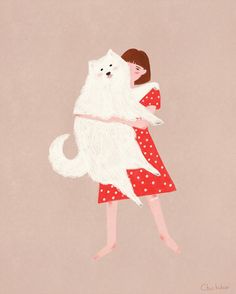 a woman holding a large white dog in her arms and wearing a red polka dot dress