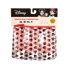 the disney mouse travel bag and bottle set is pink with black minnies on it