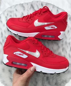 Red Air Max Cushioned Sneakers For Running, Casual Red Lace-up Nike Air Max, Sporty Red Nike Air Max With Cushioning, Nike Air Max Custom Red Sneakers, Red Nike Air Max Lace-up Sports Shoes, Air Max 90s