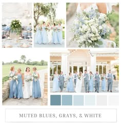 the wedding party is dressed in blue and white