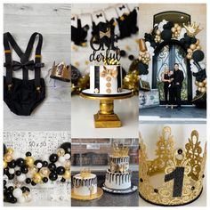 a collage of black and gold themed cakes, cake decorations, and other items