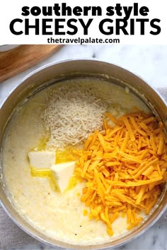 the ingredients for cheddar grits in a pot with text overlay that reads easy and homemade cheddar grits