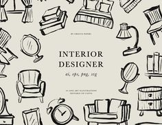 the interior designer poster is drawn in black and white, with different furniture items on it