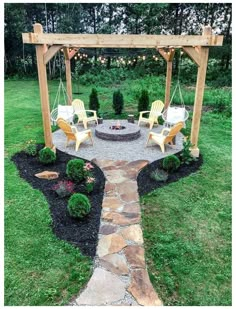 an outdoor fire pit surrounded by lawn furniture and string lights, with chairs around it