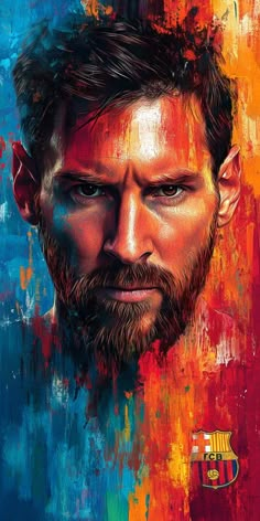 a painting of a man's face with multicolored background