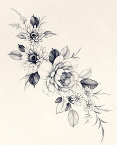 a drawing of flowers with leaves on the bottom and one flower at the top, in black and white