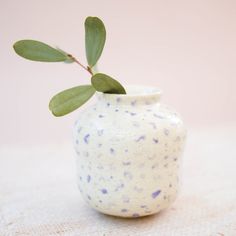 a small white vase with a green leaf sticking out of it's top, sitting on a table