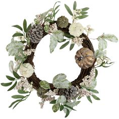 a wreath with white flowers and green leaves