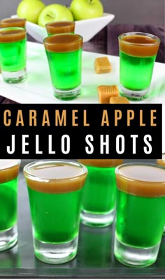 caramel apple jello shots on a table with apples in the background and text overlay that reads caramel apple jello shots