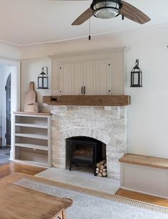 a living room filled with furniture and a fire place