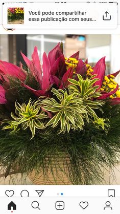 a flower pot with flowers in it sitting on top of a wooden table next to an instagram page