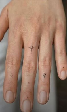 a person's hand with a small star tattoo on the middle finger, and an arrow