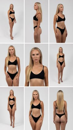 multiple photos of a woman in black bikinis and one with blonde hair posing for the camera