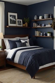 a bedroom with dark blue walls and white bedding in the corner, along with shelves on either side of the bed