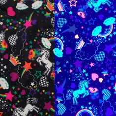 two different patterns of unicorns and stars on black, blue, purple and pink