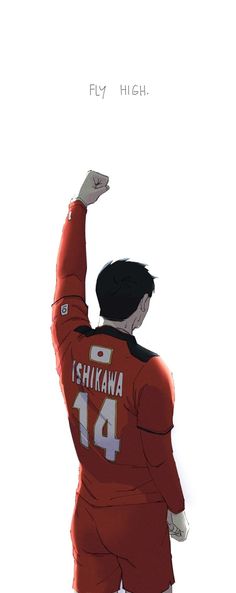 a drawing of a man in a red uniform with his hand up to the sky