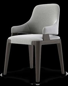 an upholstered chair with grey fabric and wooden legs, viewed from the front