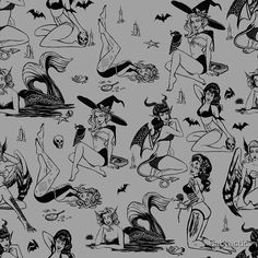 a black and white drawing of various women in bikinis, with bats on them