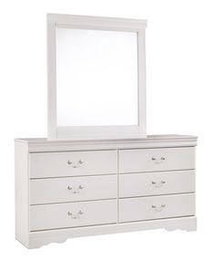 a white dresser and mirror against a white background