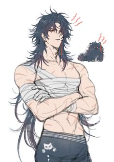 an anime character with long hair and no shirt