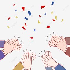 four hands reaching for confetti on a white background, illustration, hand, celebration png and psd