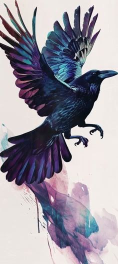 two black birds flying next to each other on a white background with purple and blue colors