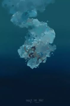 an underwater scene with a woman floating in the water and clouds above her, under the deep blue ocean