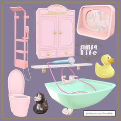 there is a bathroom with pink furniture and accessories