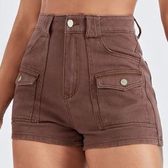 Brand New Never Tried On! Brown Denim Shorts With Flap Pockets Waist Size Is About 27.5 Inches Length Is About 13inches Hip Size Is About 38.5inches Brown Shorts, Swaggy Outfits, Denim Shorts Women, Cute Shorts, Short En Jean, Dream Clothes, Cute Casual Outfits, Jeans Shorts, High Waisted Shorts