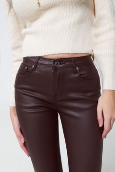 Step into sleek sophistication with our Chic Dark Brown Leatherette Super Skinny Pants, a versatile and stylish addition to your fashion repertoire. Elegant Dark Brown Color: These pants come in a rich dark brown hue, offering a luxurious and versatile alternative to traditional black leatherette pants. High-Quality Leatherette Material: Crafted from a premium blend of 78% Viscose, 20% Polyester, and 2% Elastane, these pants provide the luxurious look of leather with added comfort and flexibilit Types Of Jeans, Stylish Pants, Pants Fit, Dark Brown Color, Bold Fashion, Edgy Fashion, Denim Fashion, Brown Color, Clothing Items