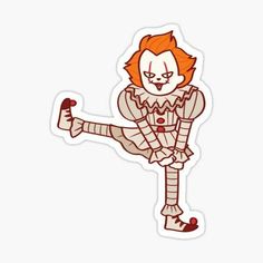 a sticker with an image of a clown in striped clothes and holding a knife