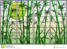 three panels with green bamboo plants in front of a white background and yellow moon behind them