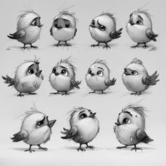 some very cute birds with different expressions on their face and body, all in black and white